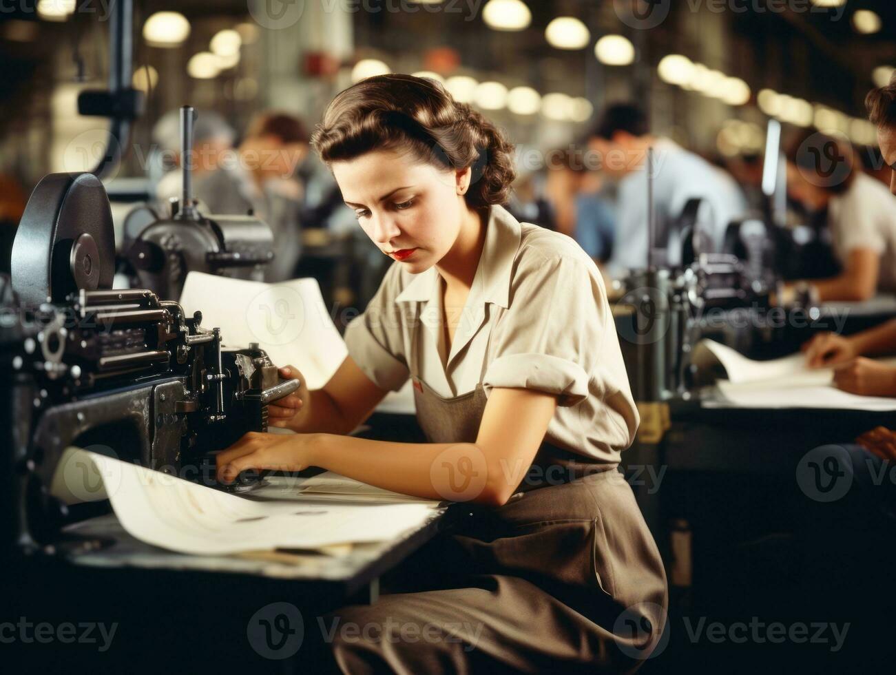 histórico de colores foto de un mujeres diario trabajo en el pasado ai generativo