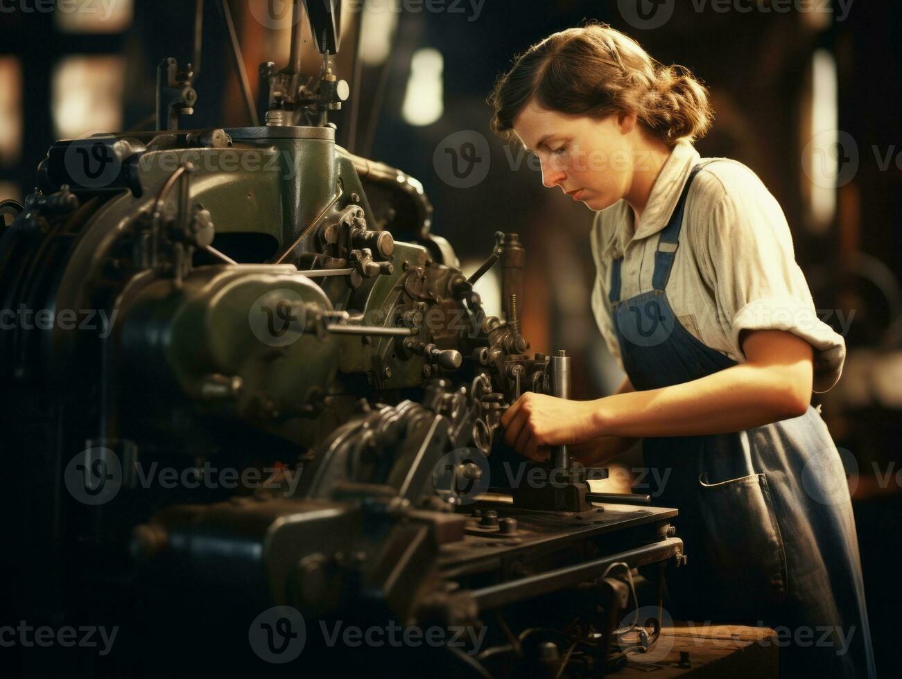 histórico de colores foto de un mujeres diario trabajo en el pasado ai generativo