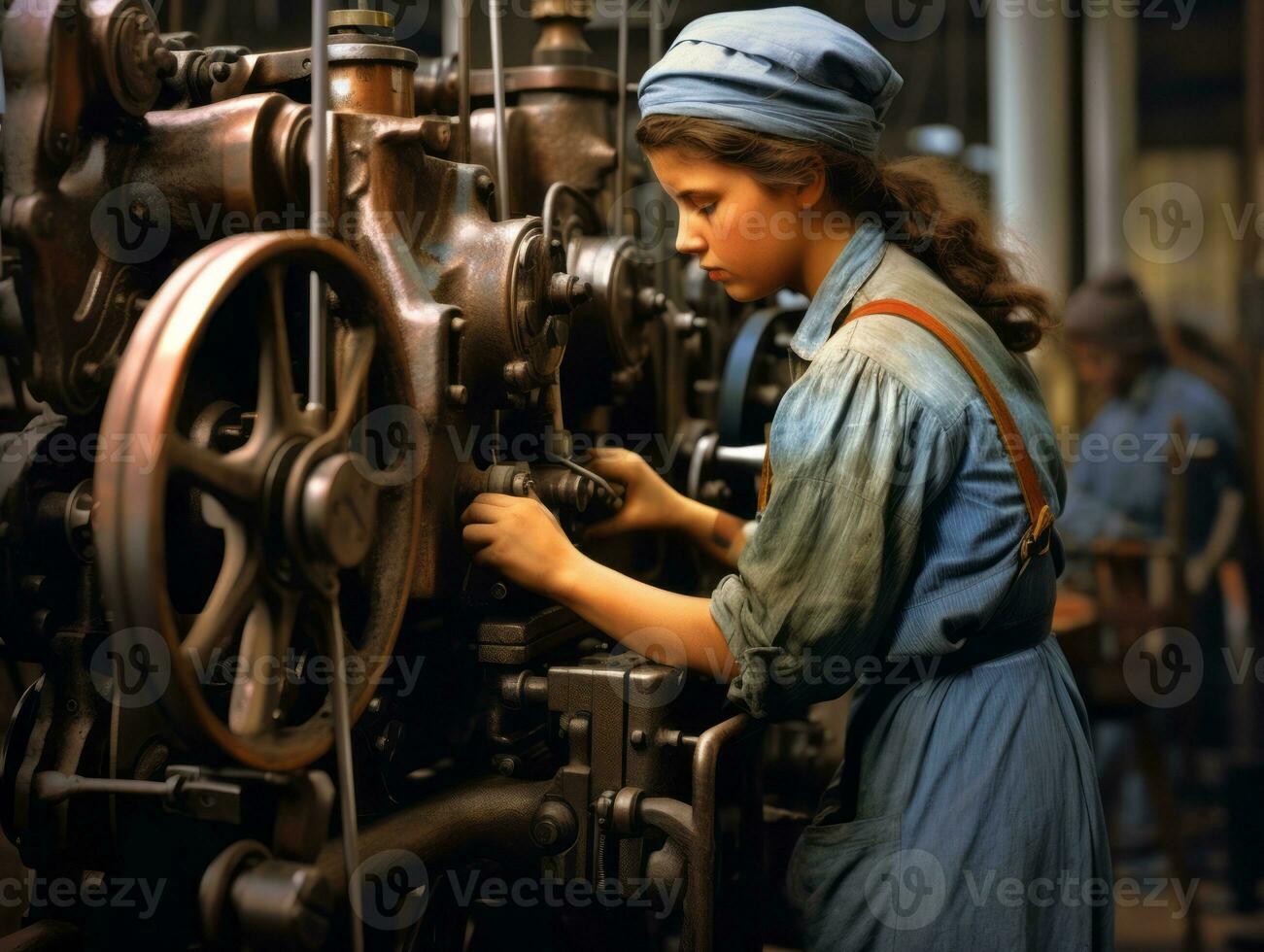 Historic colored photo of a womans daily work in the past AI Generative