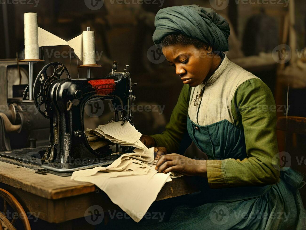 Historic colored photo of a womans daily work in the past AI Generative