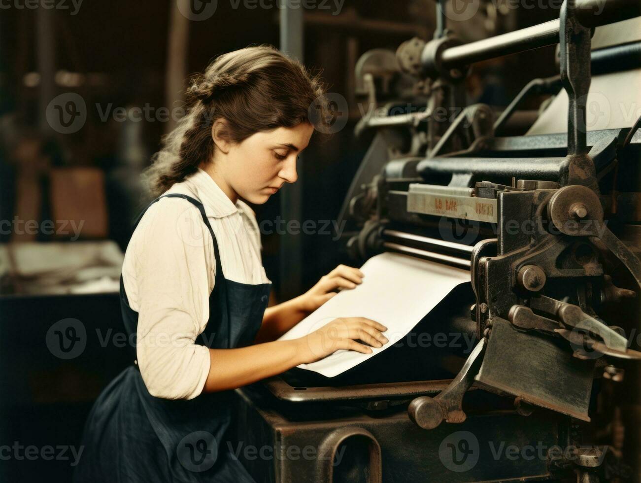 histórico de colores foto de un mujeres diario trabajo en el pasado ai generativo