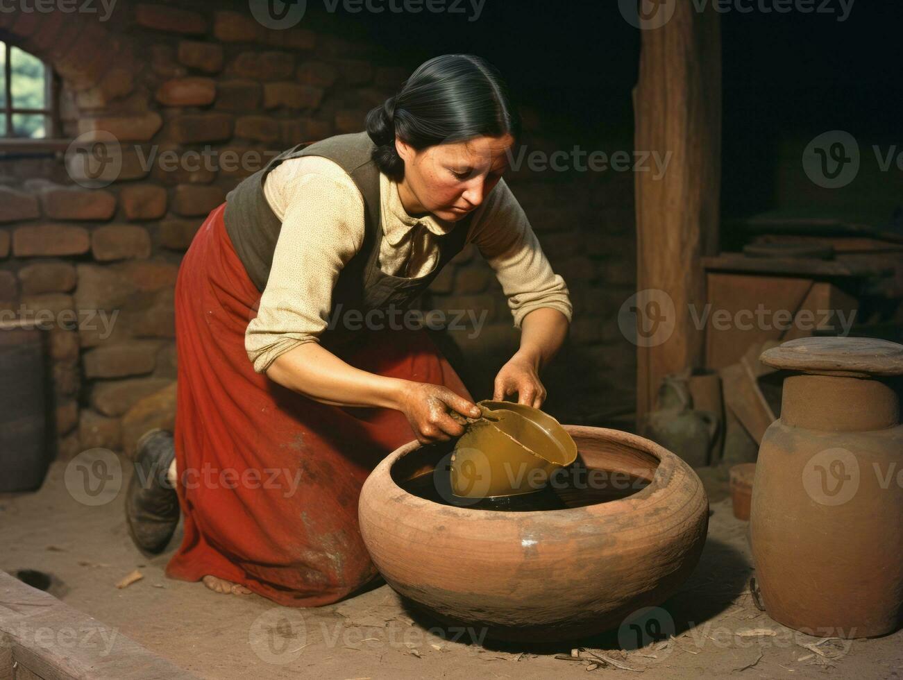 Historic colored photo of a womans daily work in the past AI Generative