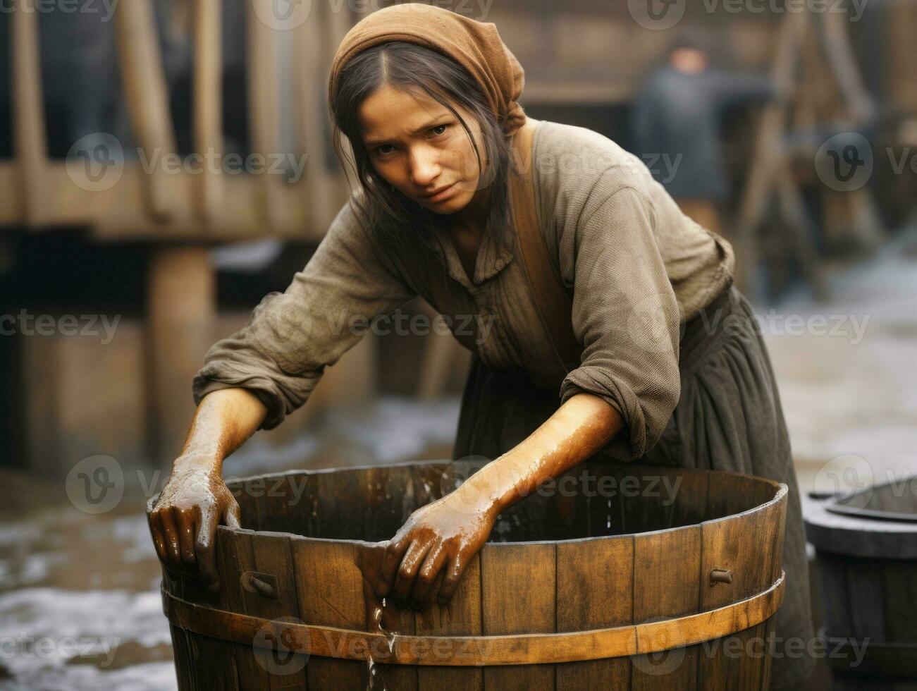 Historic colored photo of a womans daily work in the past AI Generative