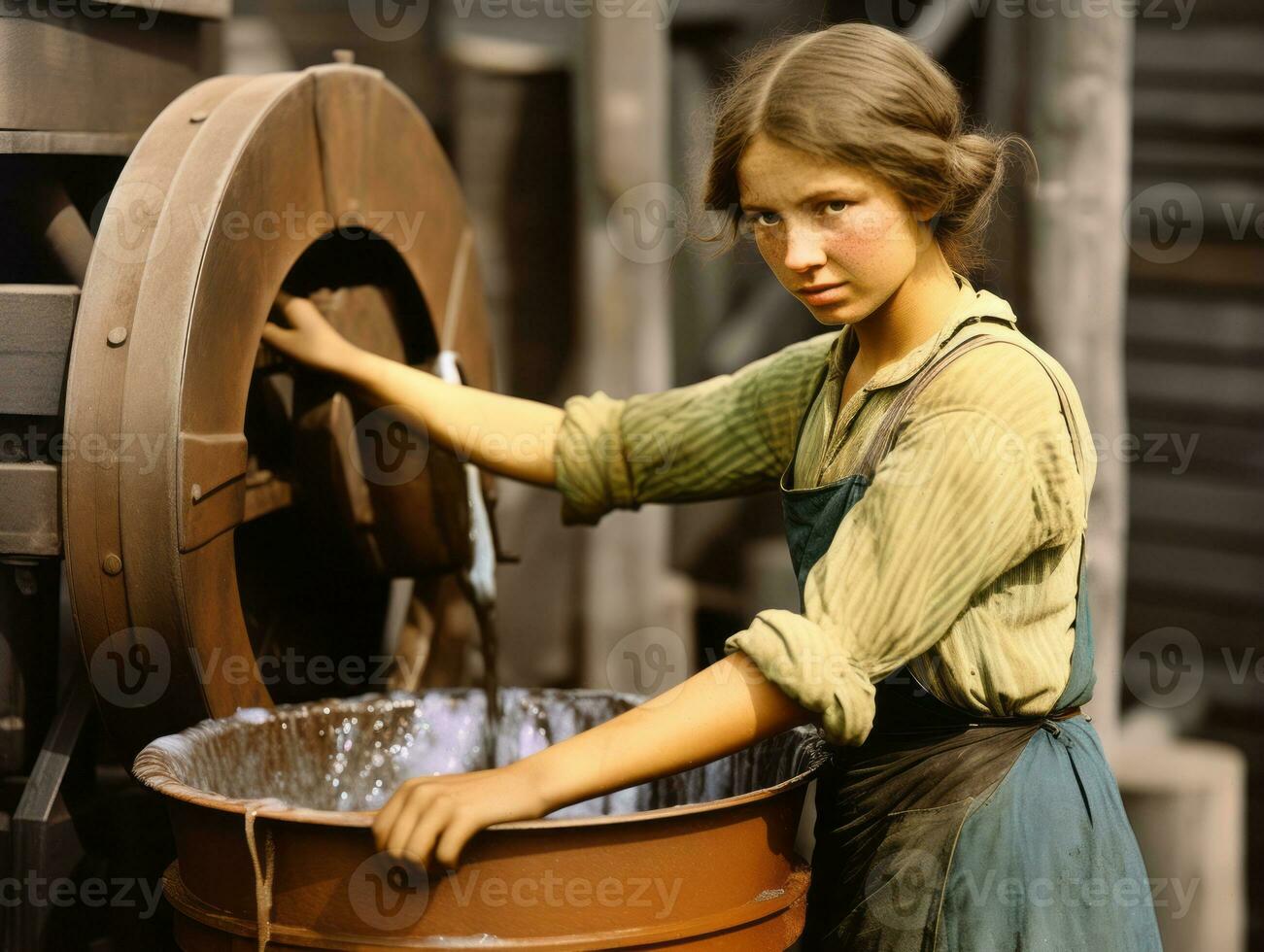 Historic colored photo of a womans daily work in the past AI Generative