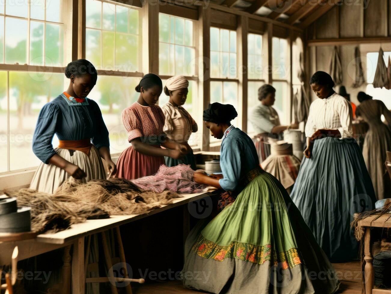 histórico de colores foto de un mujeres diario trabajo en el pasado ai generativo