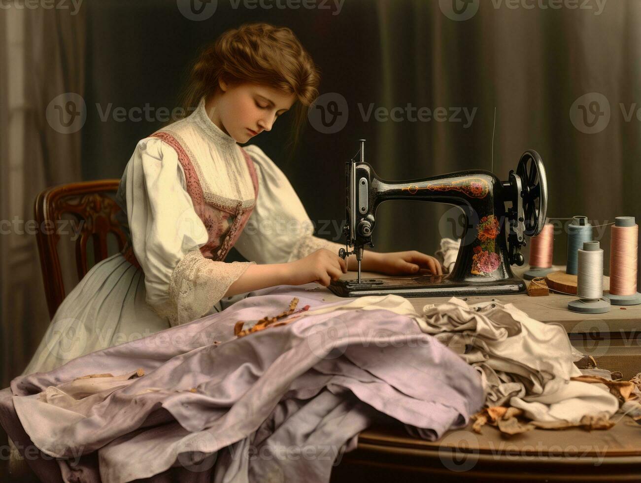 Historic colored photo of a womans daily work in the past AI Generative