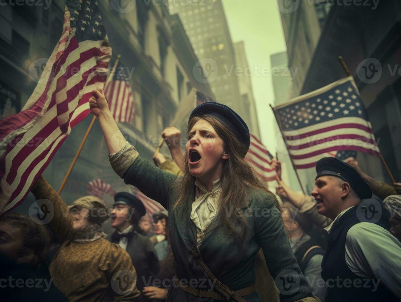 Historic colored photo of a woman leading a protest AI Generative