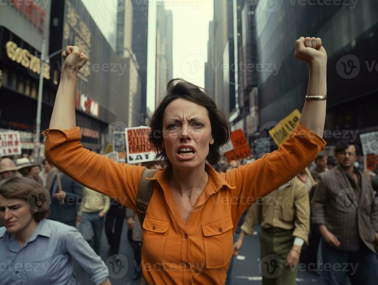 histórico de colores foto de un mujer líder un protesta ai generativo