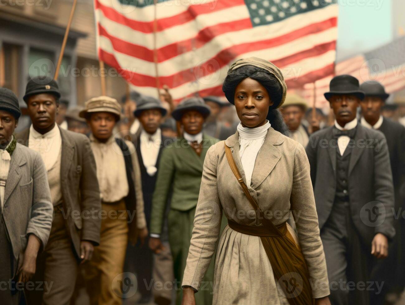 Historic colored photo of a woman leading a protest AI Generative