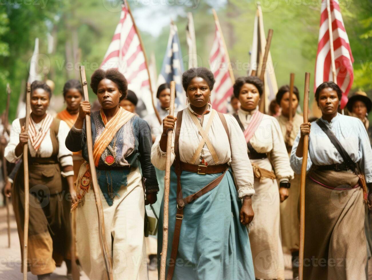 Historic colored photo of a woman leading a protest AI Generative