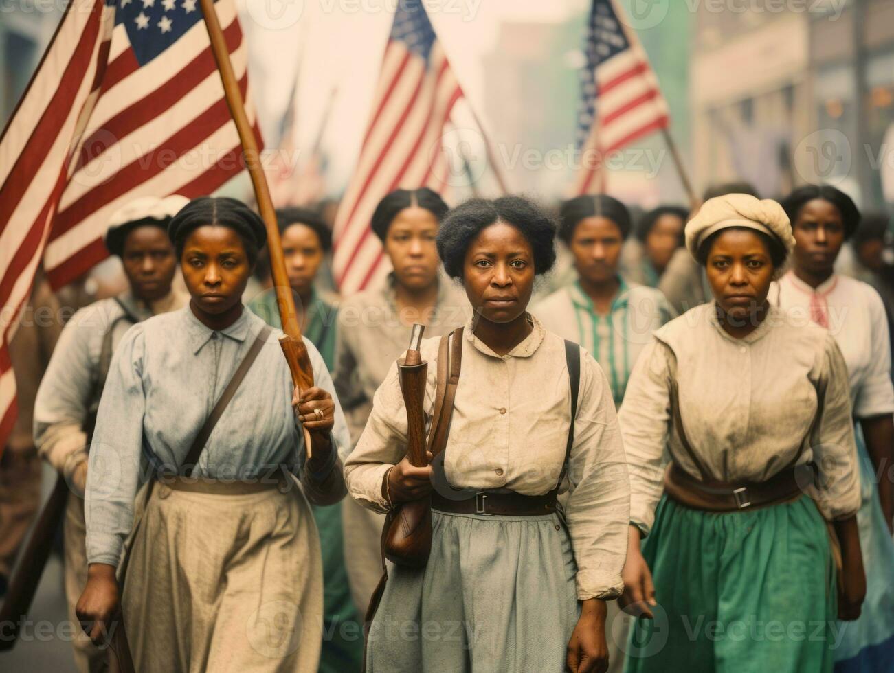 Historic colored photo of a woman leading a protest AI Generative