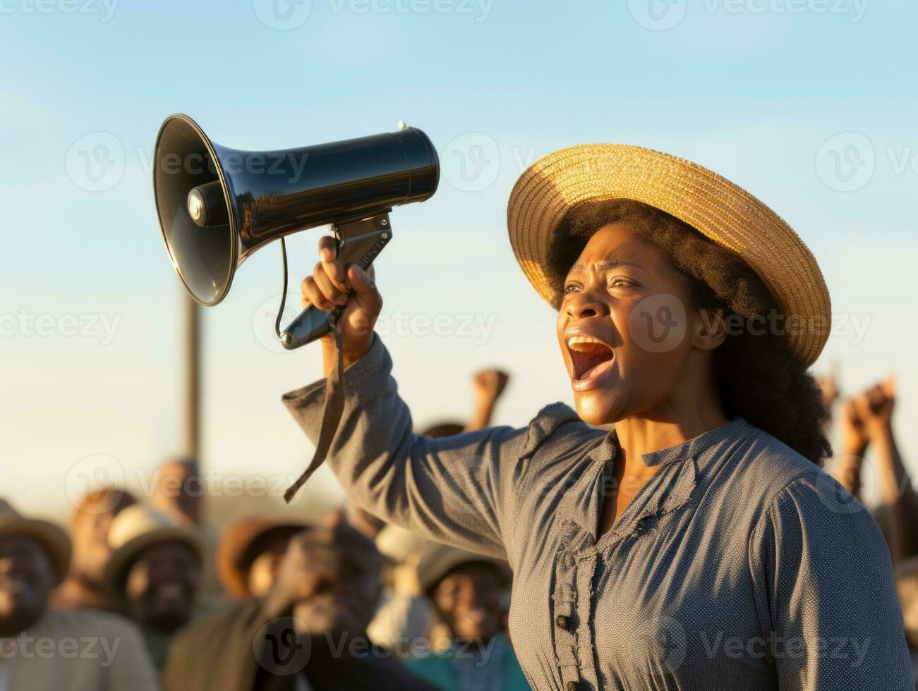 Historic colored photo of a woman leading a protest AI Generative