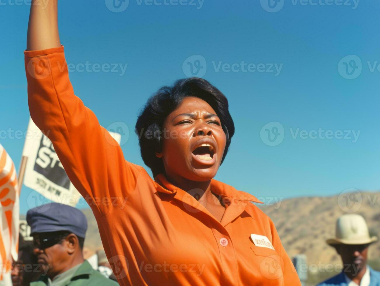 histórico de colores foto de un mujer líder un protesta ai generativo