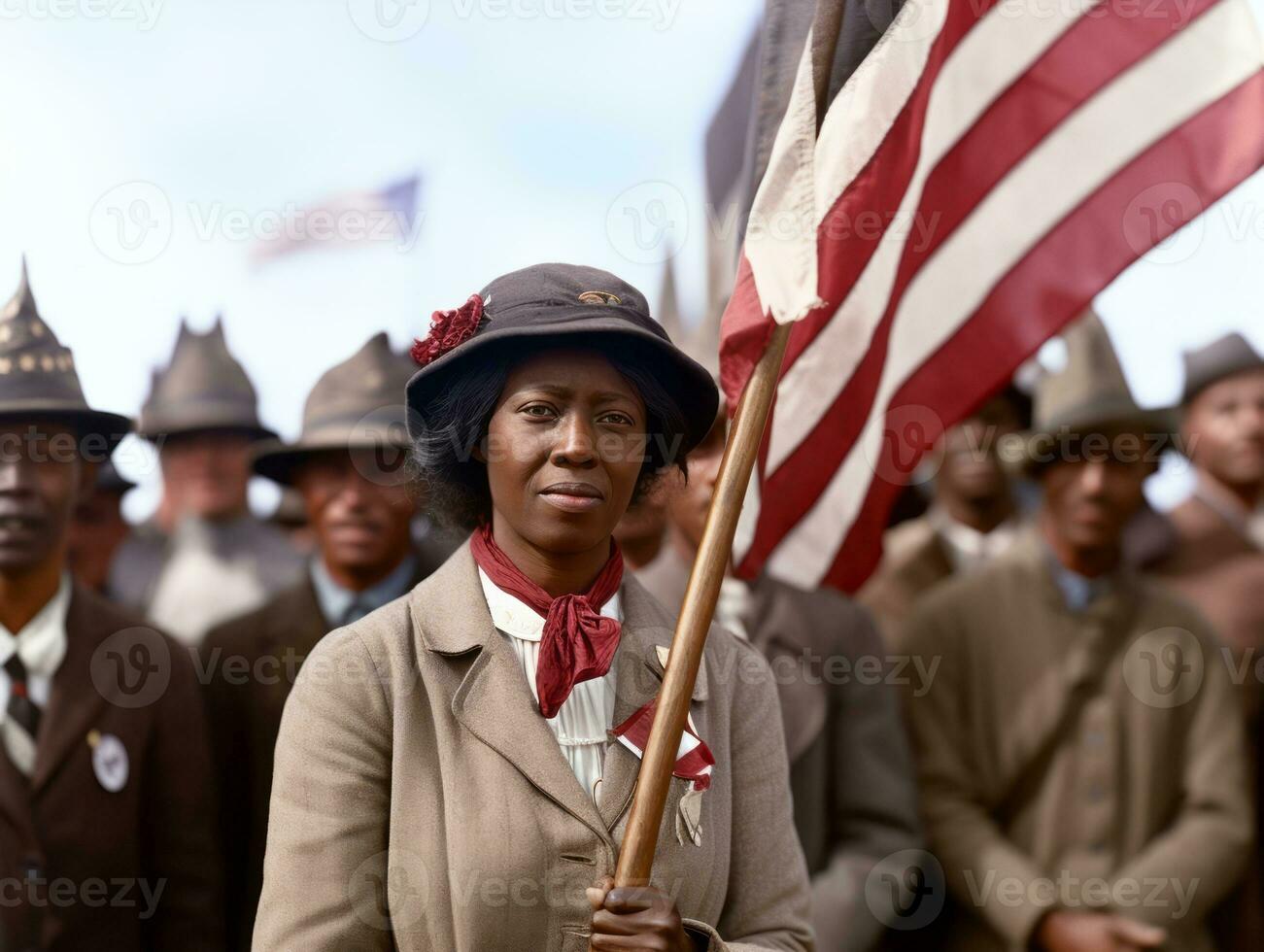 Historic colored photo of a woman leading a protest AI Generative