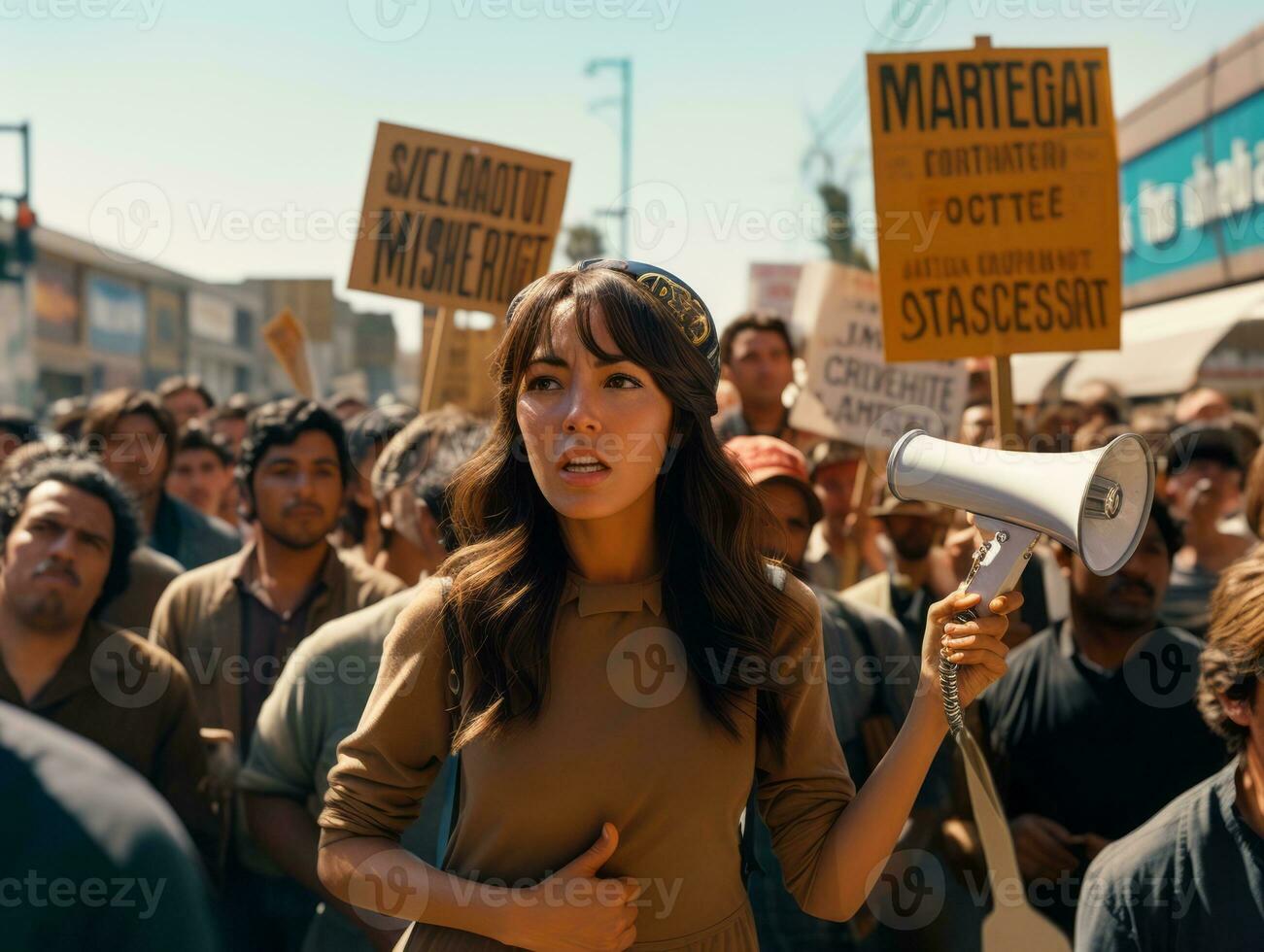 Historic colored photo of a woman leading a protest AI Generative