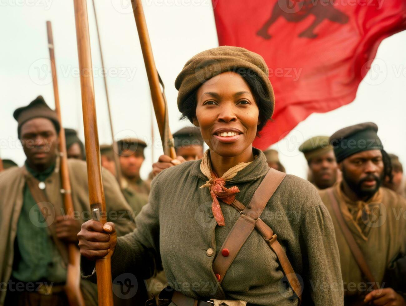 Historic colored photo of a woman leading a protest AI Generative