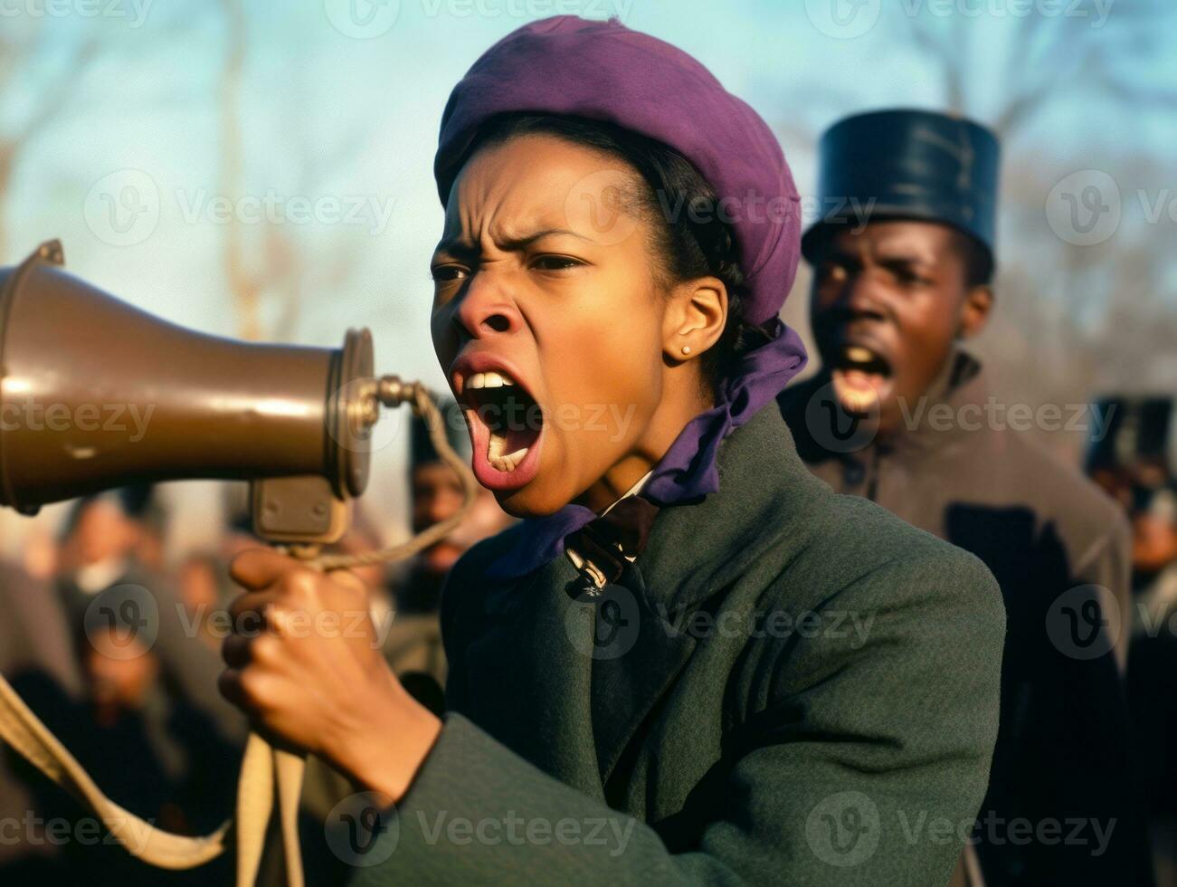 Historic colored photo of a woman leading a protest AI Generative