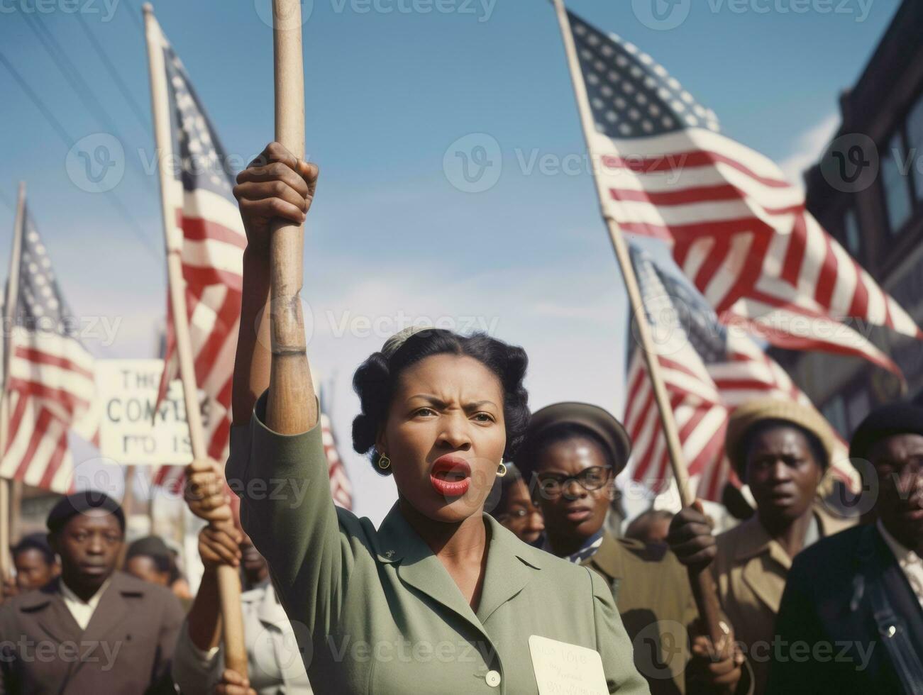 Historic colored photo of a woman leading a protest AI Generative