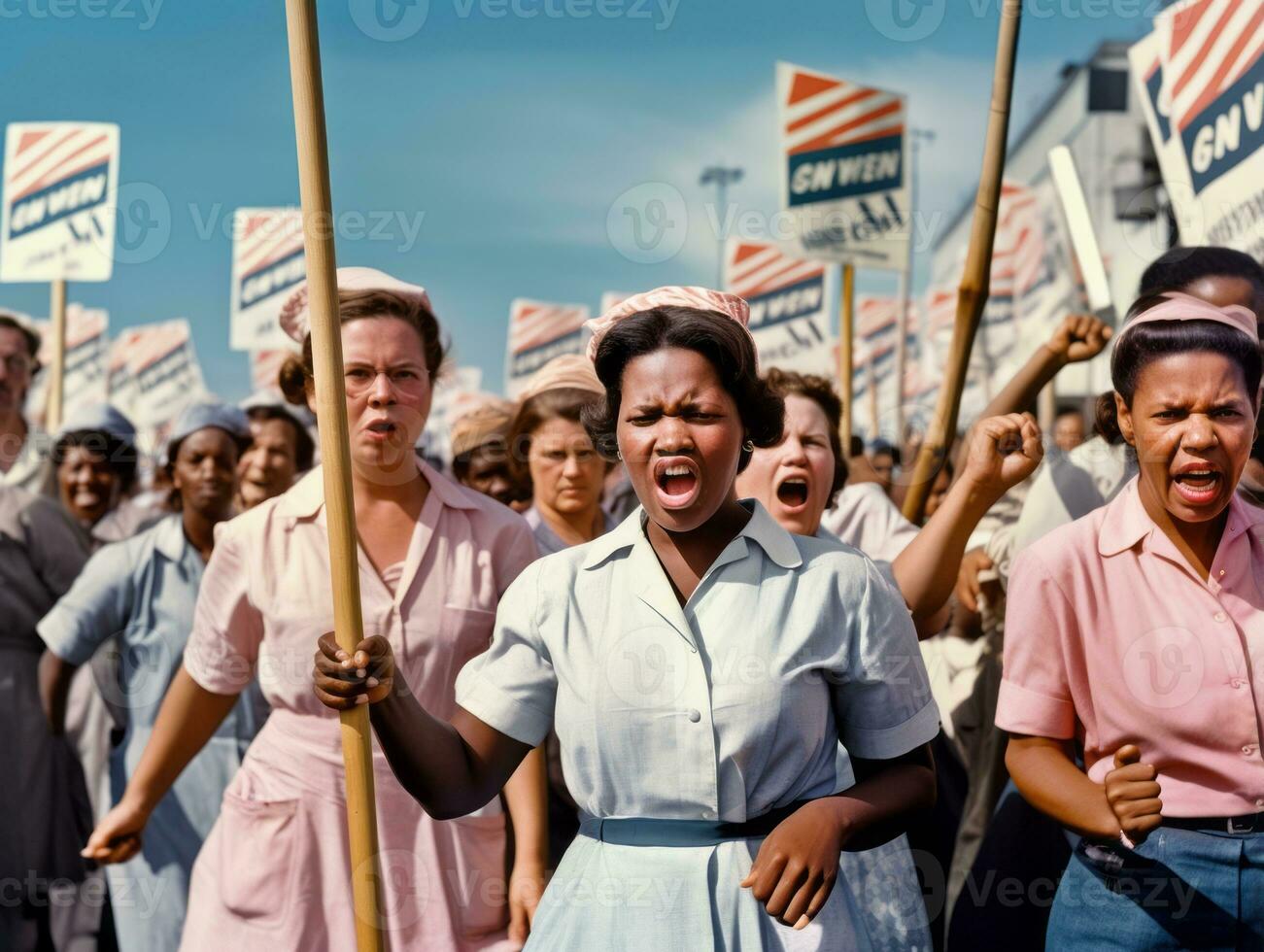 Historic colored photo of a woman leading a protest AI Generative