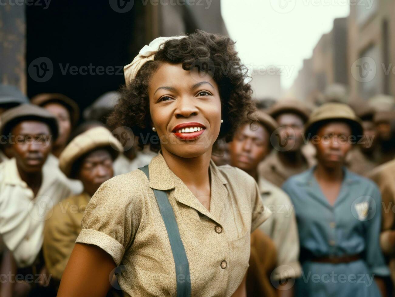 Historic colored photo of a woman leading a protest AI Generative