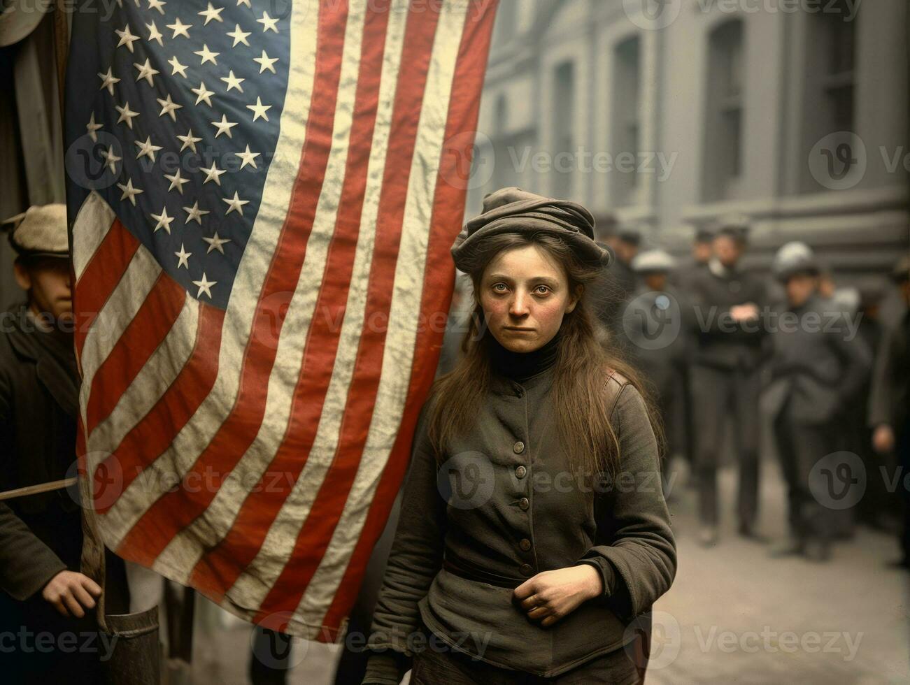 histórico de colores foto de un mujer líder un protesta ai generativo