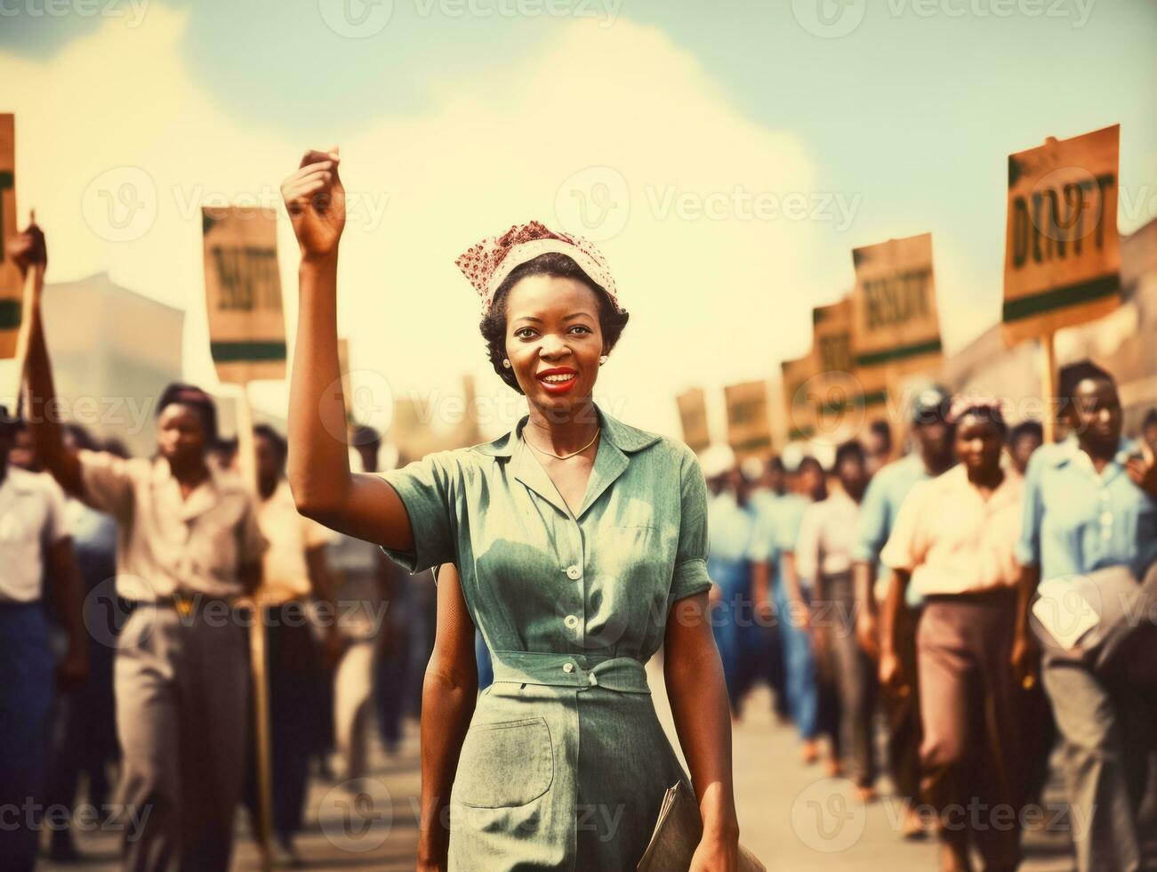 Historic colored photo of a woman leading a protest AI Generative