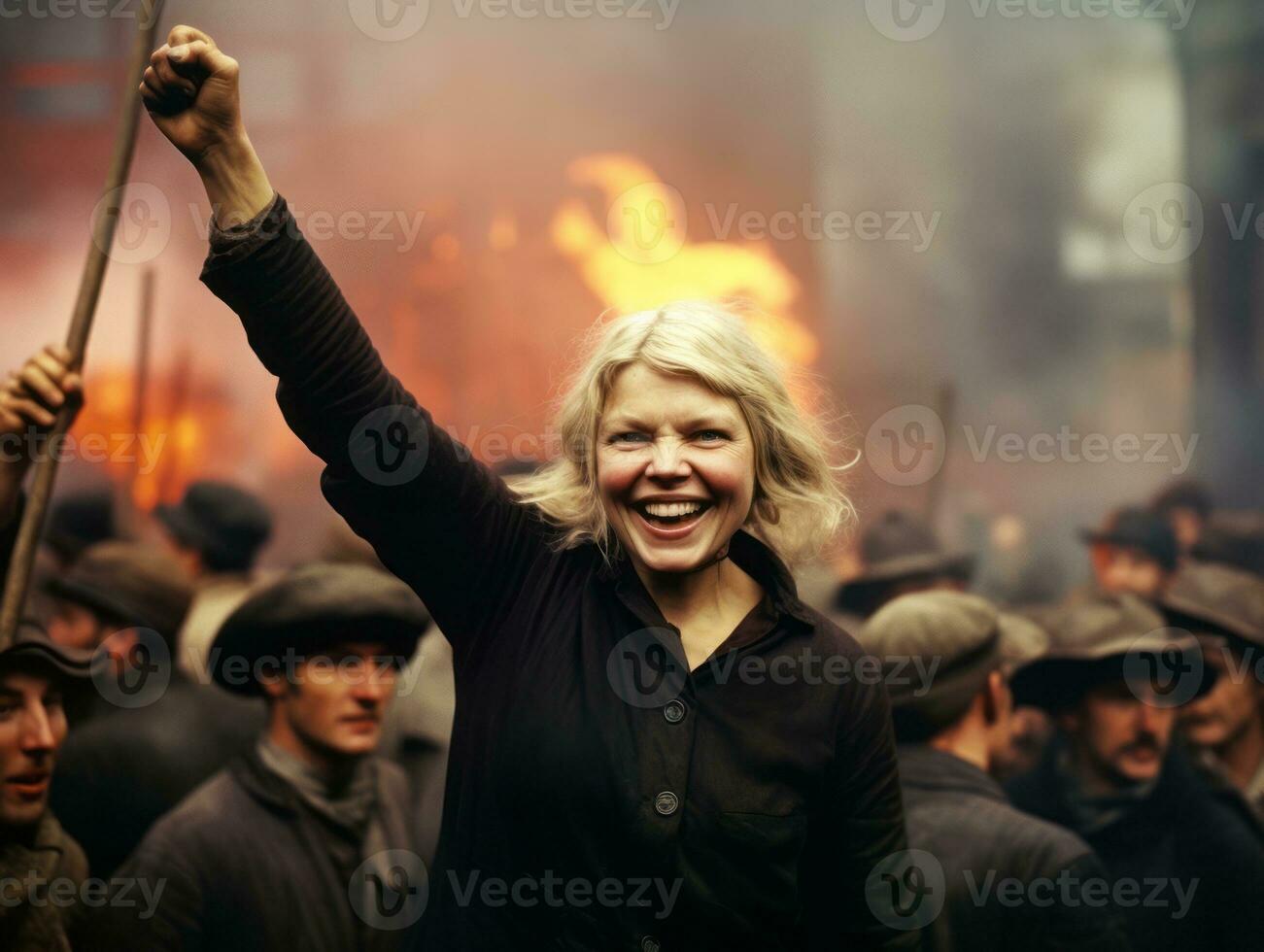 histórico de colores foto de un mujer líder un protesta ai generativo