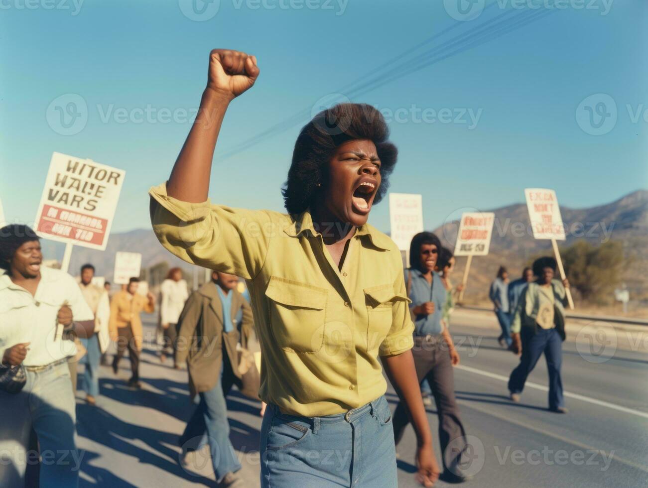 Historic colored photo of a woman leading a protest AI Generative