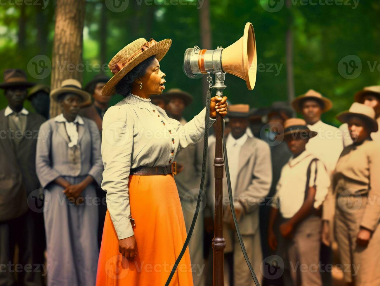 Historic colored photo of a woman leading a protest AI Generative