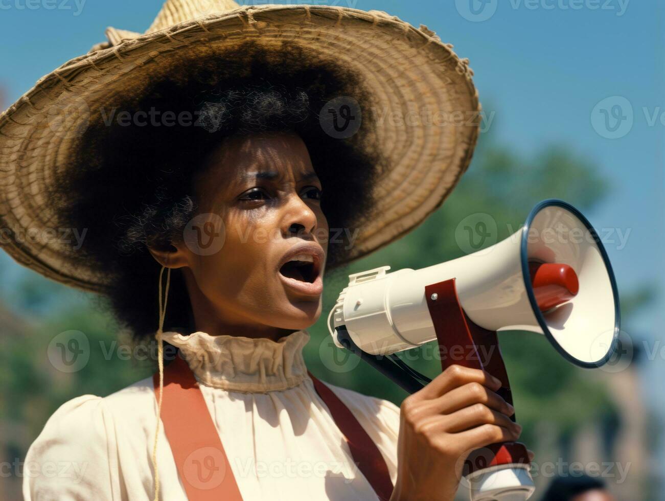 Historic colored photo of a woman leading a protest AI Generative