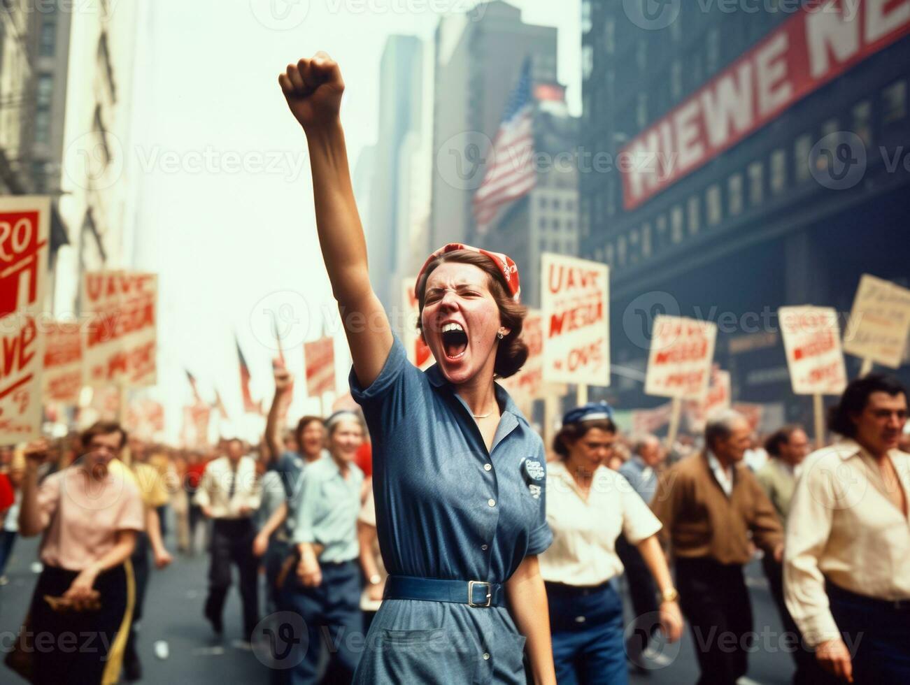 Historic colored photo of a woman leading a protest AI Generative
