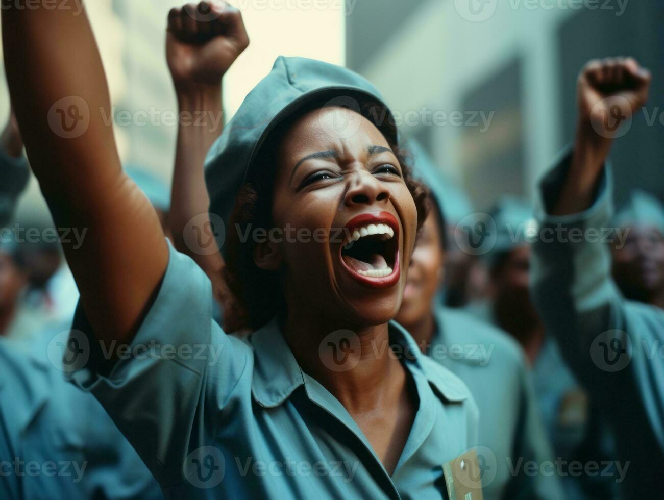 Historic colored photo of a woman leading a protest AI Generative