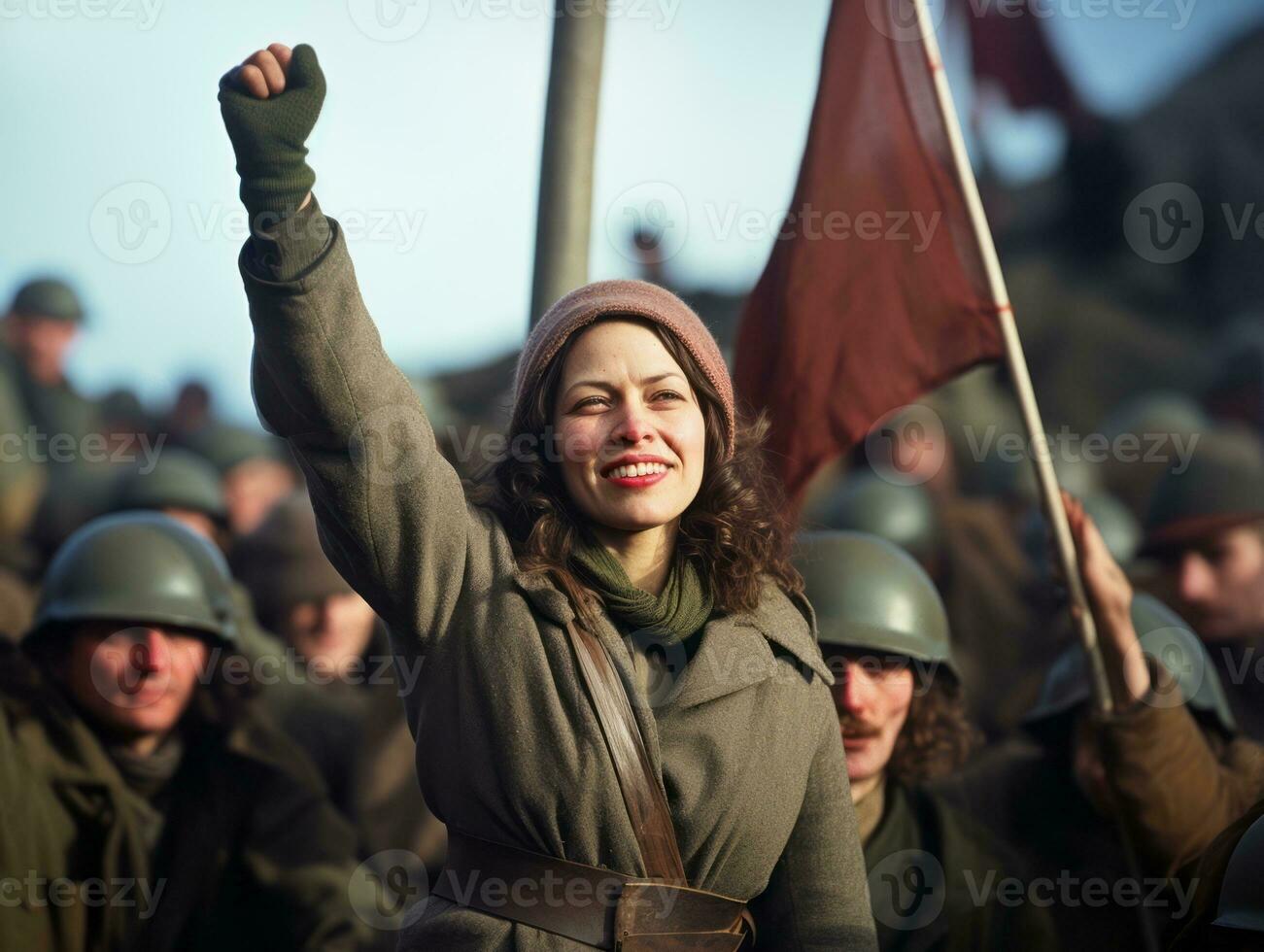 histórico de colores foto de un mujer líder un protesta ai generativo