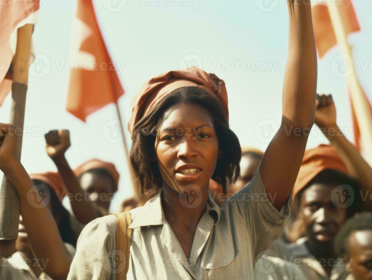 histórico de colores foto de un mujer líder un protesta ai generativo