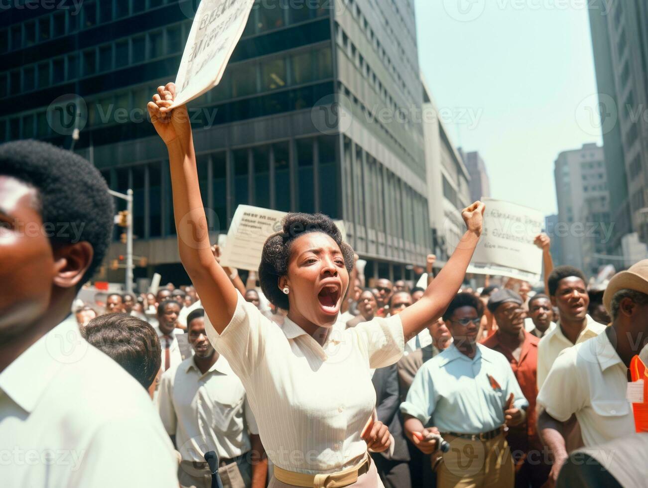 histórico de colores foto de un mujer líder un protesta ai generativo