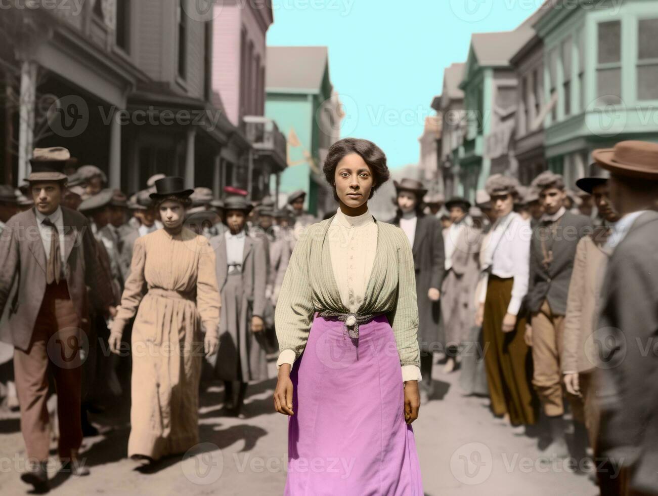 Historic colored photo of a woman leading a protest AI Generative