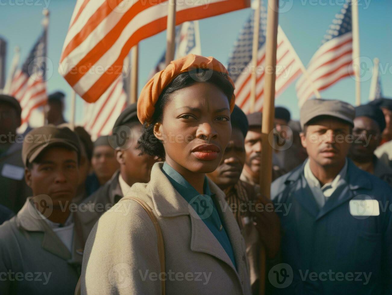 Historic colored photo of a woman leading a protest AI Generative