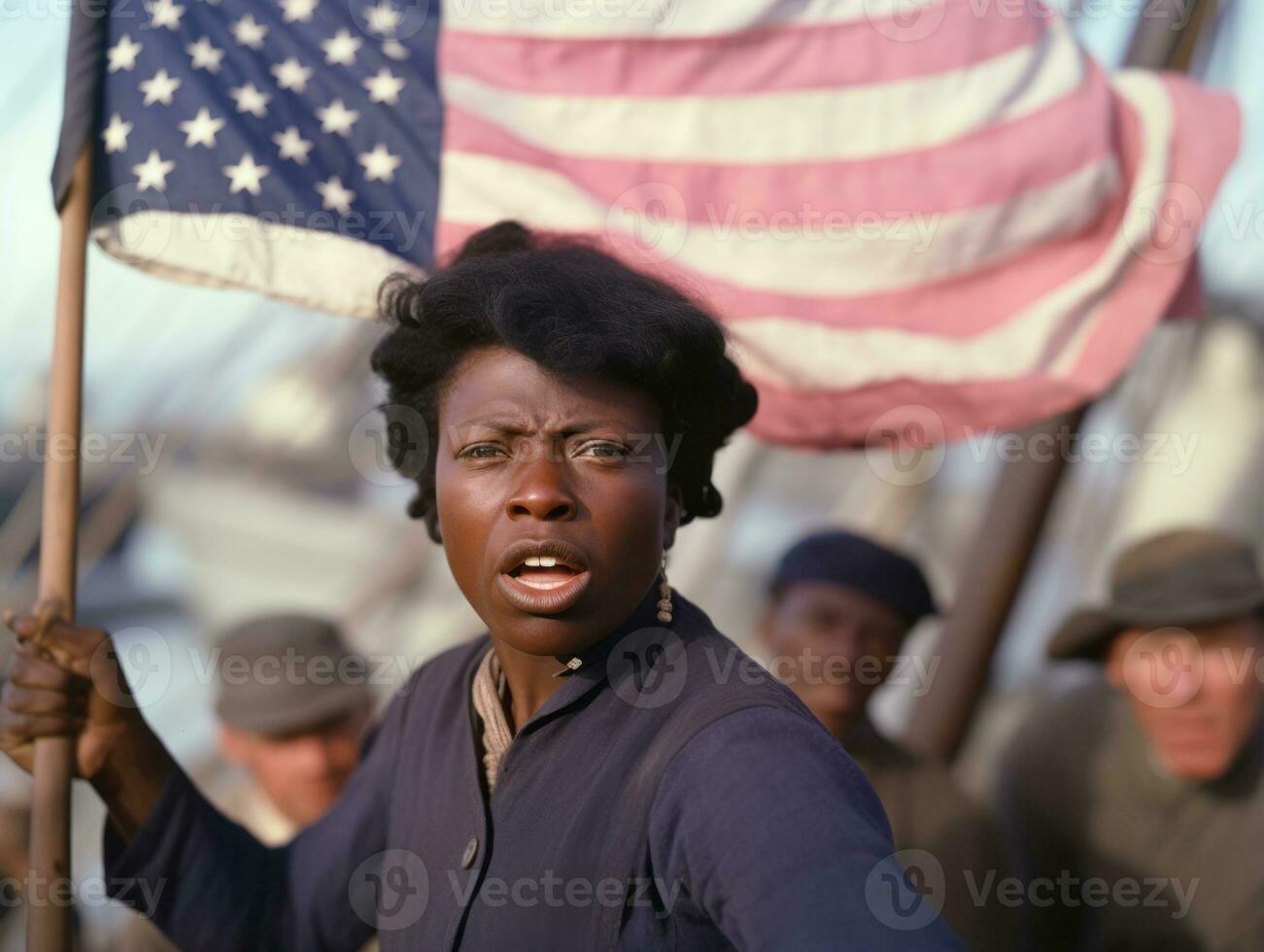 Historic colored photo of a woman leading a protest AI Generative
