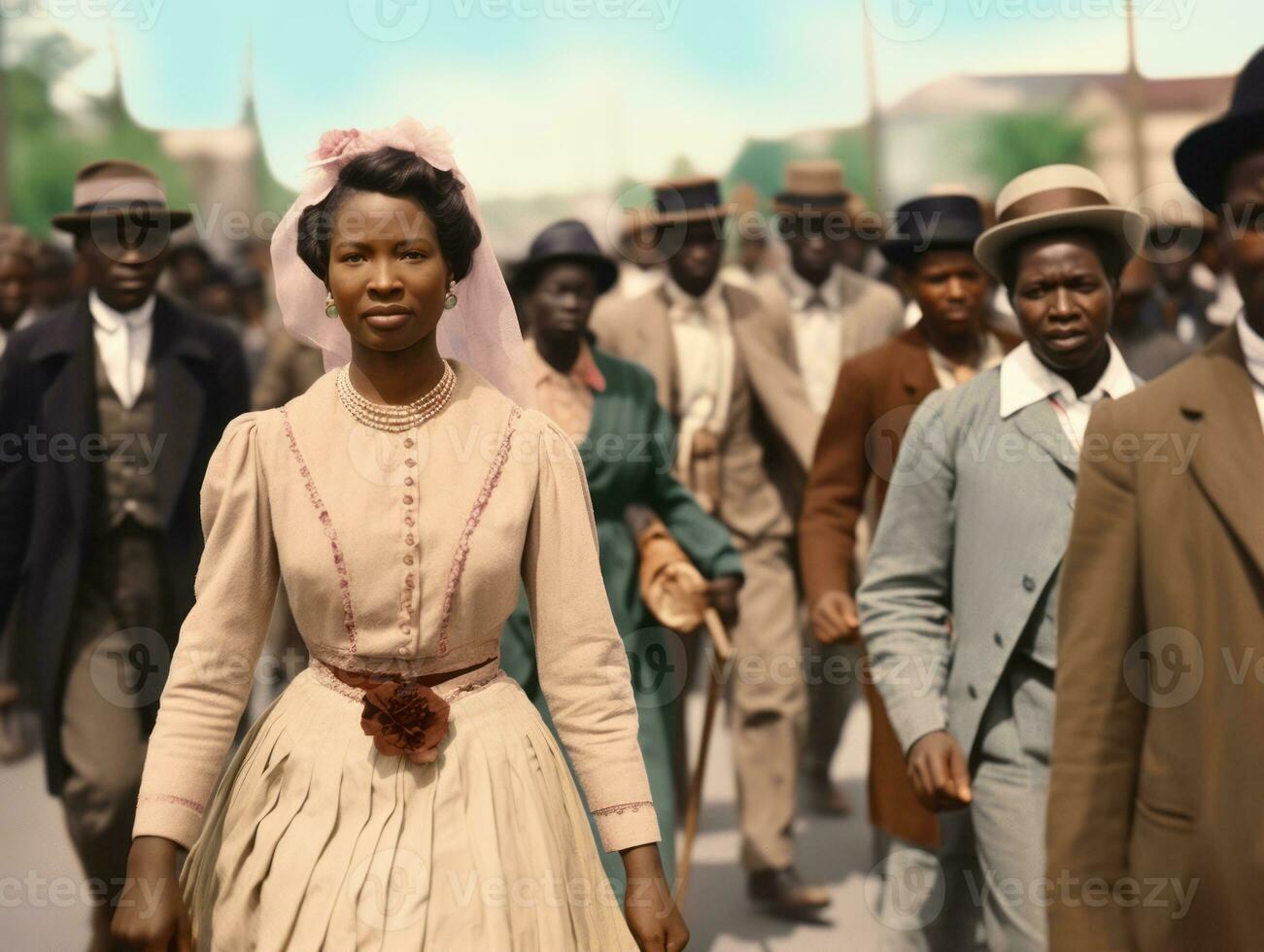Historic colored photo of a woman leading a protest AI Generative