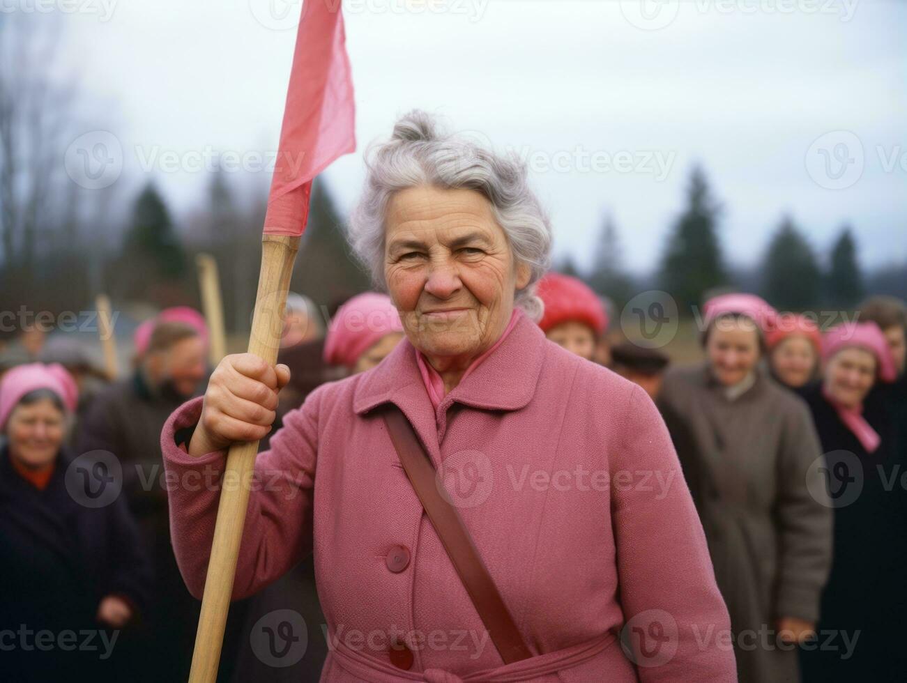 Historic colored photo of a woman leading a protest AI Generative