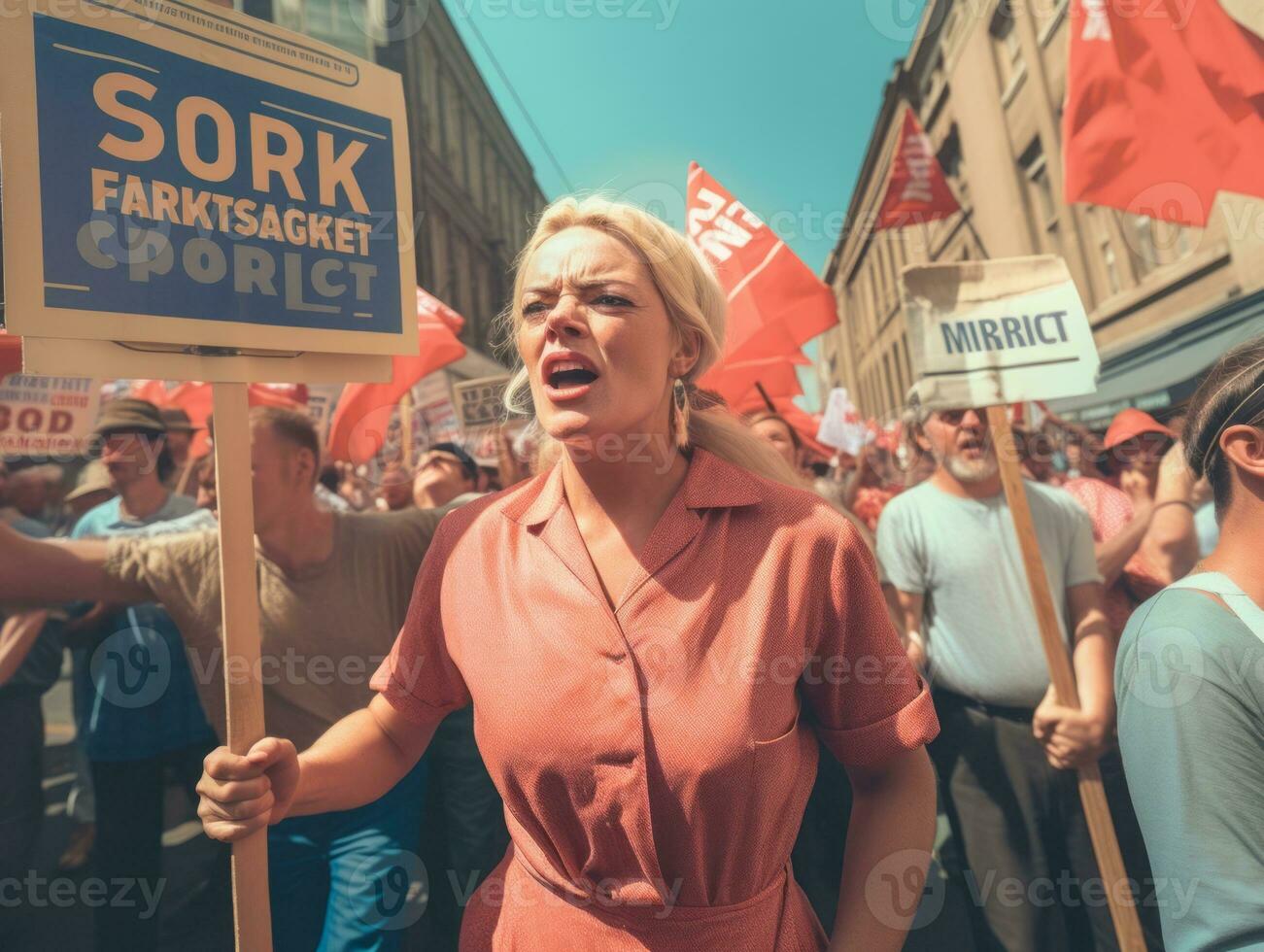 Historic colored photo of a woman leading a protest AI Generative