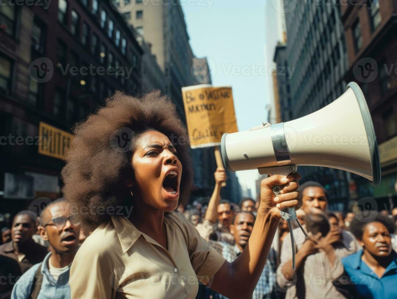 Historic colored photo of a woman leading a protest AI Generative