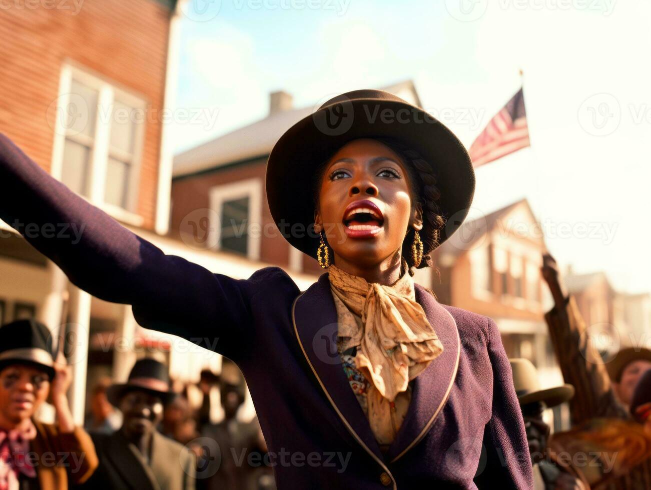 Historic colored photo of a woman leading a protest AI Generative