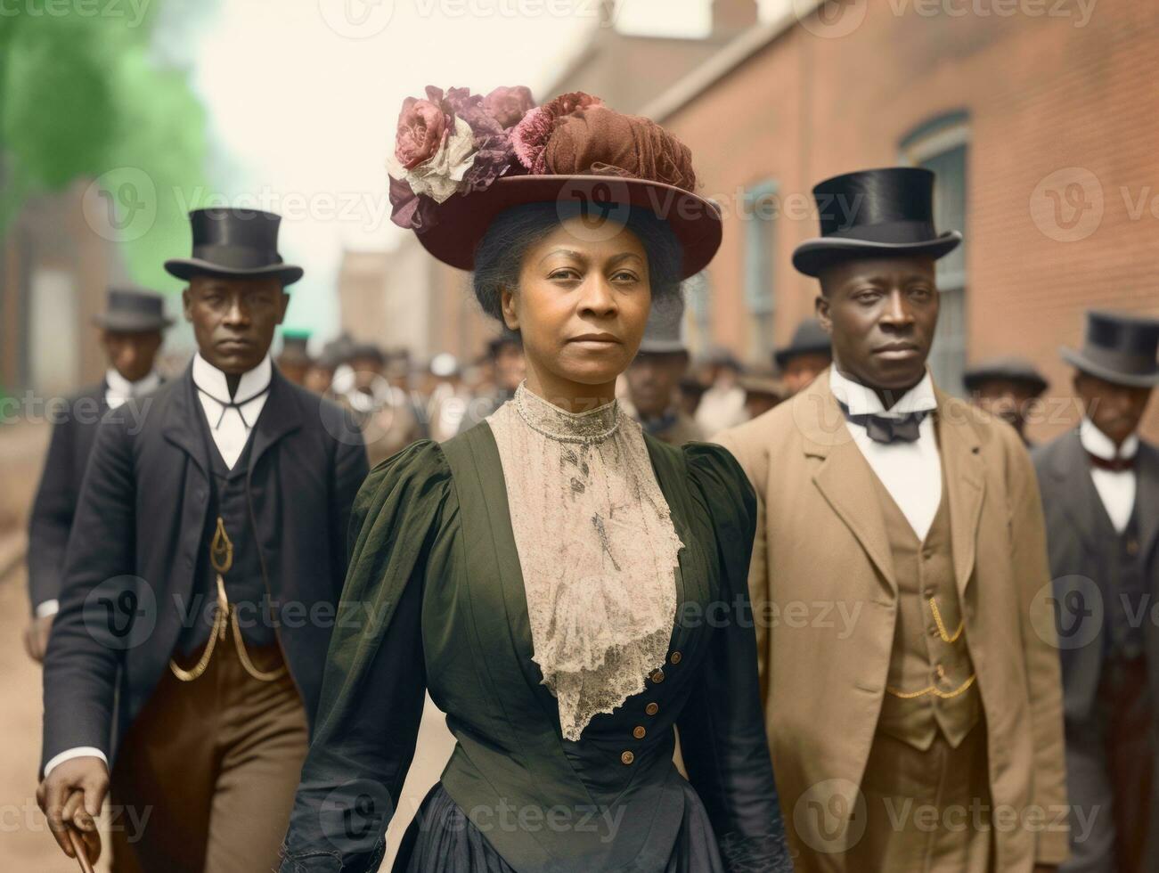 Historic colored photo of a woman leading a protest AI Generative