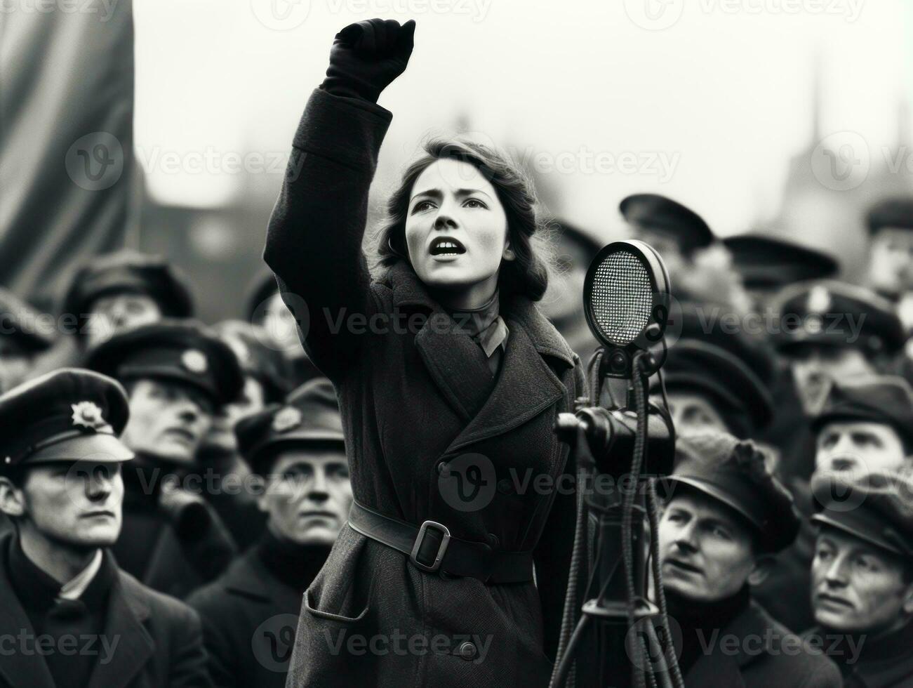 Historic colored photo of a woman leading a protest AI Generative