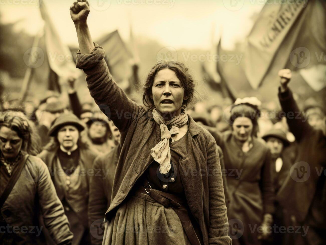 histórico de colores foto de un mujer líder un protesta ai generativo