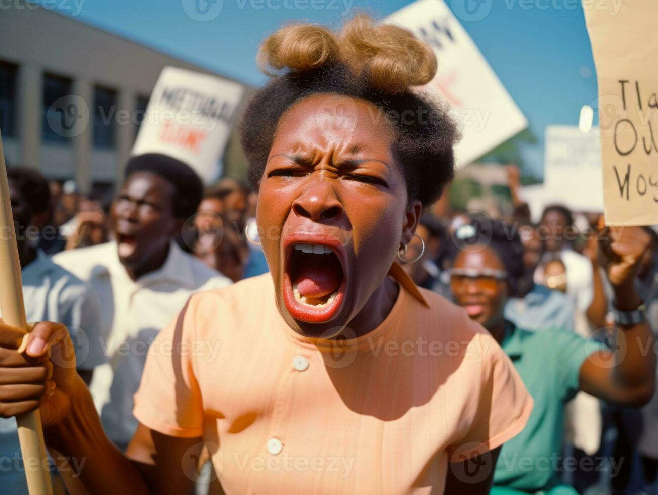 Historic colored photo of a woman leading a protest AI Generative