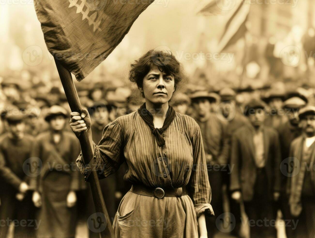 Historic colored photo of a woman leading a protest AI Generative