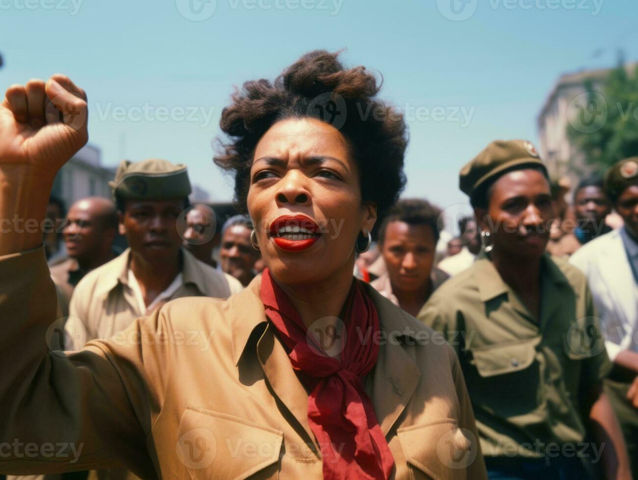 Historic colored photo of a woman leading a protest AI Generative