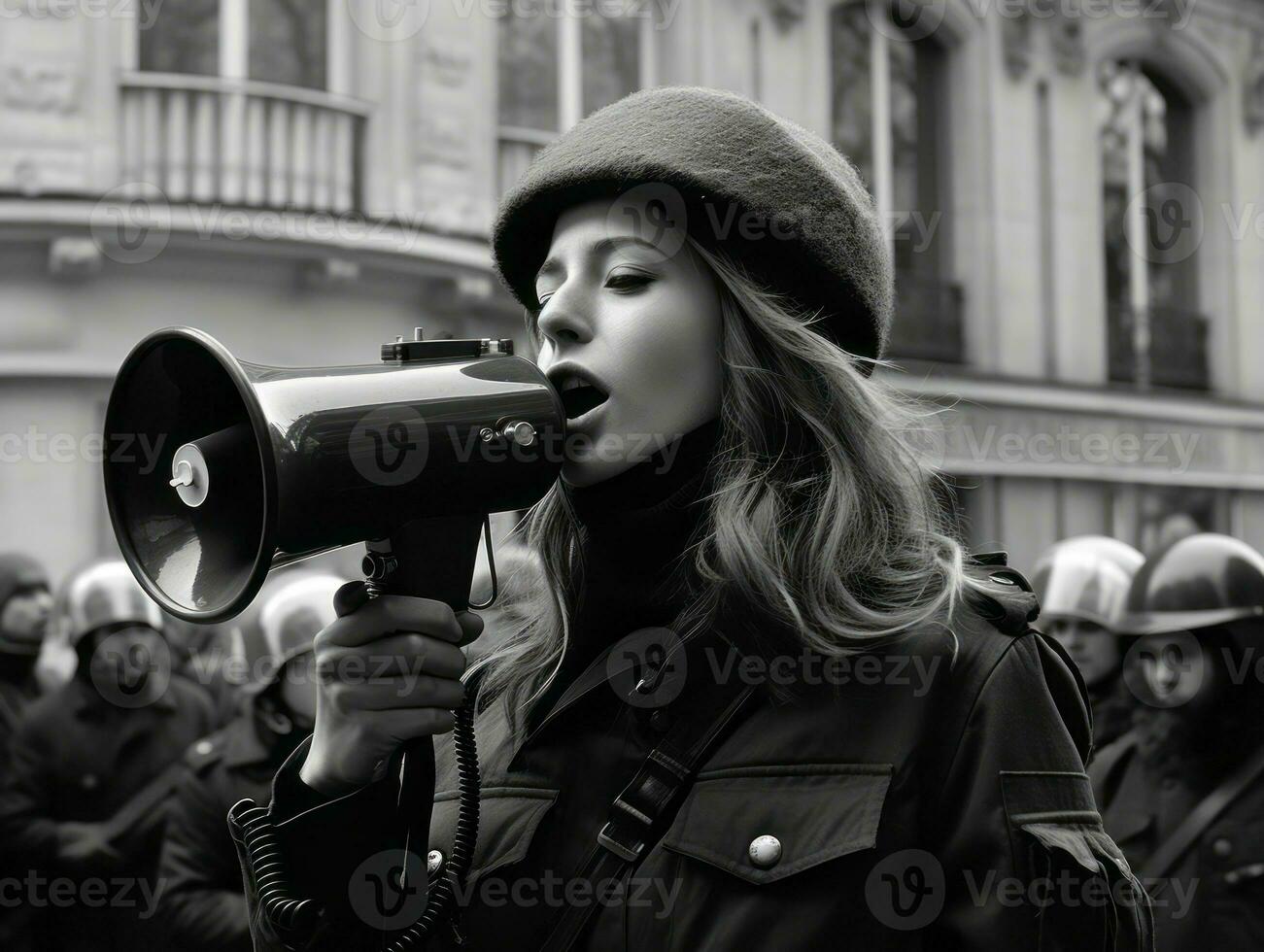 histórico de colores foto de un mujer líder un protesta ai generativo